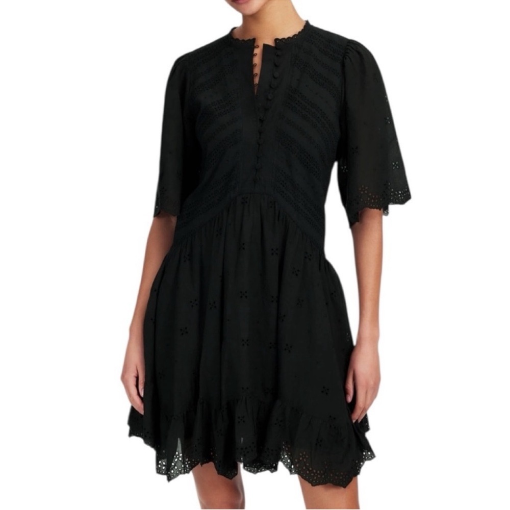 Madewell Eyelet Flutter Sleeve Mini Dress in Jet Black Cotton - Picture 2 of 8